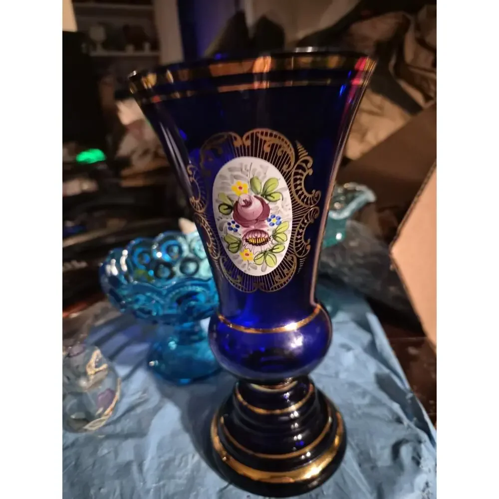 Vintage Bohemia Cobalt Blue Glass Vase Handpainted Colorful flowers Housed...